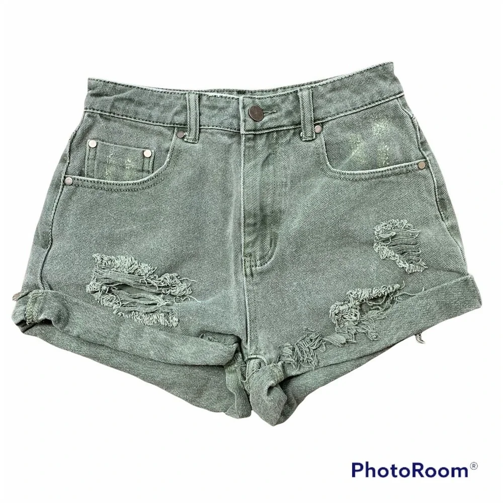 Mustard Seed Sz S 25 Shorts Distressed High Rise Cuffed Green Jean Denim Women's